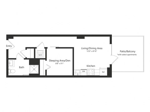 Floor plan for studio, 1 bath, 485 sqft
